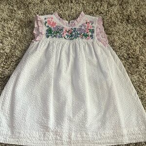 White Seersucker Dress with Floral Embroidery